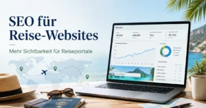 SEO für Reise-Websites – Laptop mit SEO-Daten und Reisezielen