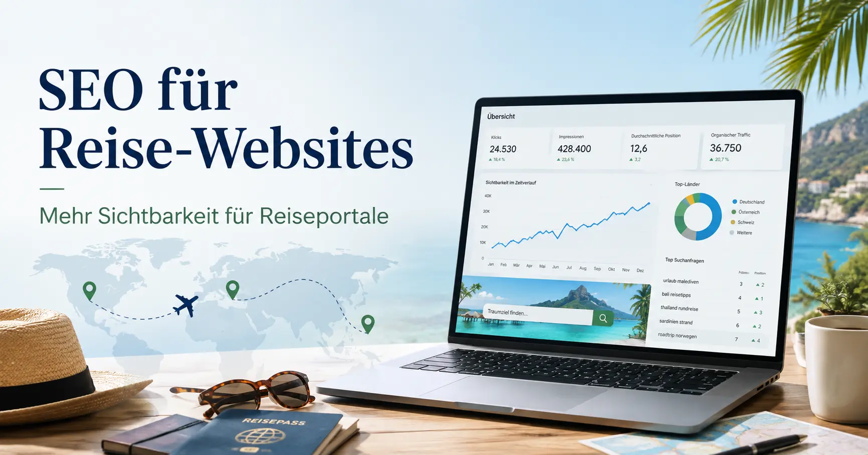 SEO für Reise-Websites – Laptop mit SEO-Daten und Reisezielen
